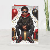 Afro-Amerikaans Jongen Zwart/Rood Verjaardagsgedra Kaart (Achterkant)