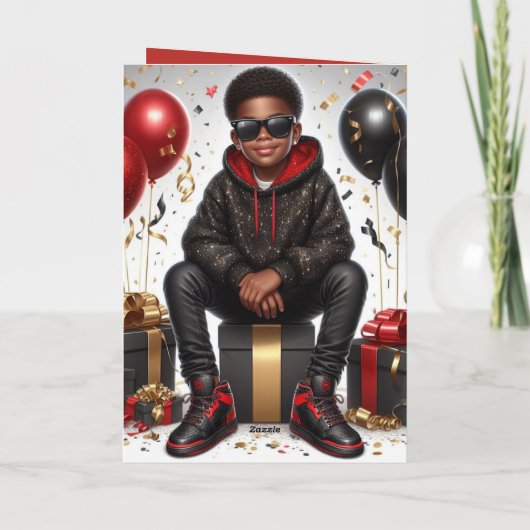 Afro-Amerikaans Jongen Zwart/Rood Verjaardagsgedra Kaart (Achterkant)