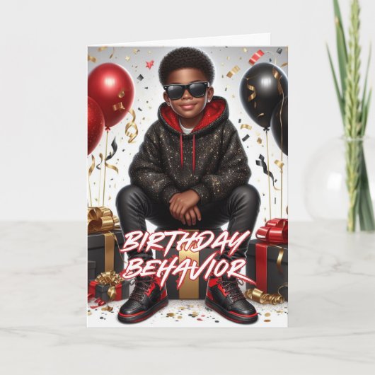 Afro-Amerikaans Jongen Zwart/Rood Verjaardagsgedra Kaart (Voorkant)