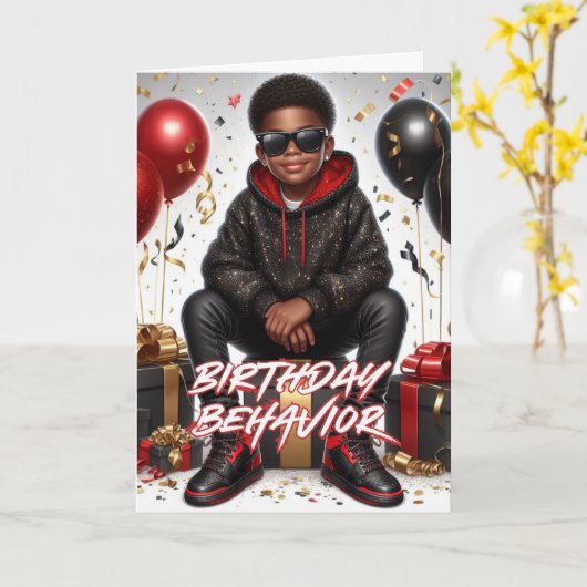 Afro-Amerikaans Jongen Zwart/Rood Verjaardagsgedra Kaart (Gele Bloem)