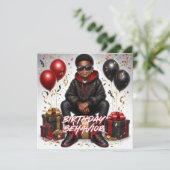 Afro-Amerikaans Jongen Zwart/Rood Verjaardagsgedra Kaart (Staand voorkant)