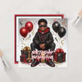 Afro-Amerikaans Jongen Zwart/Rood Verjaardagsgedra Kaart (Voorkant / Achterkant in situ)