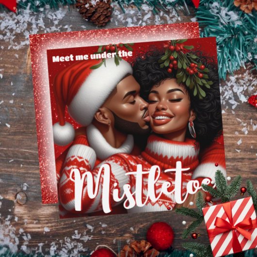 Afro-Amerikaans Koppel Kerstmis Mistletoe Kus Feestdagenkaart