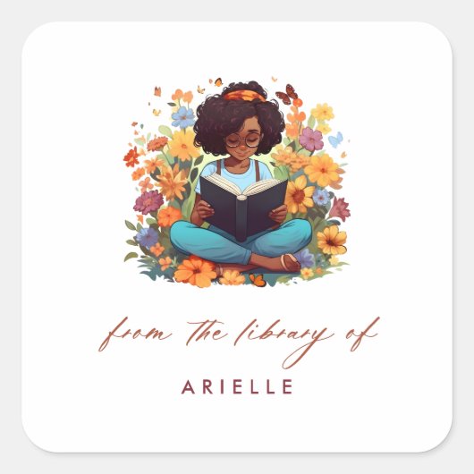 Afro-Amerikaans meisje bloem bibliotheek boekplaat Vierkante Sticker (Voorkant)