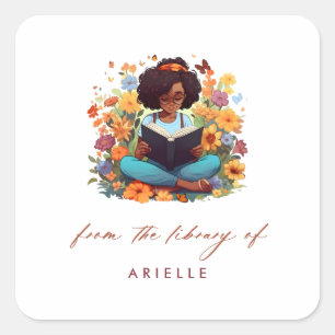 Afro-Amerikaans meisje bloem bibliotheek boekplaat Vierkante Sticker