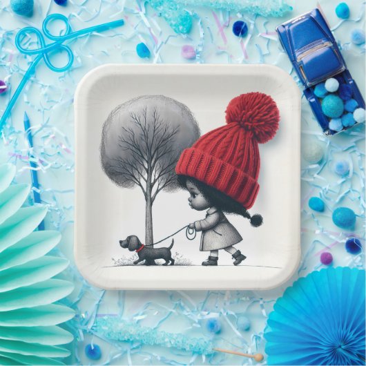 Afro-Amerikaans meisje dat haar hond uitlaat Papieren Bordje (Feest)