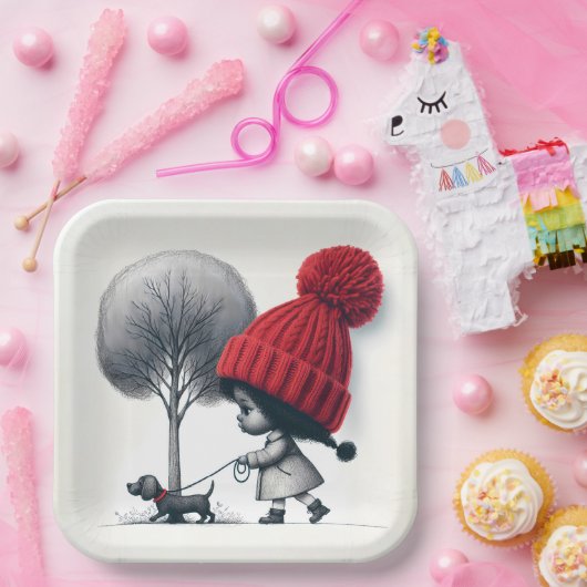 Afro-Amerikaans meisje dat haar hond uitlaat Papieren Bordje (Feest)