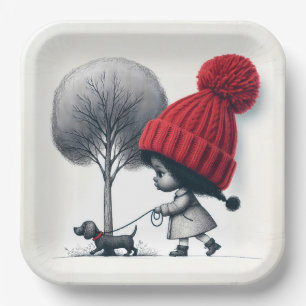 Afro-Amerikaans meisje dat haar hond uitlaat Papieren Bordje