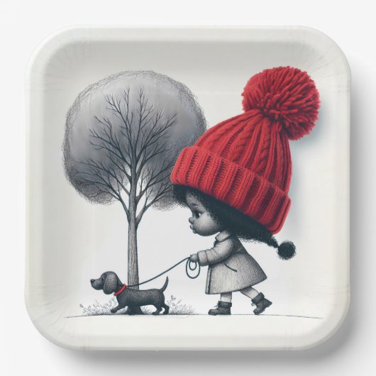 Afro-Amerikaans meisje dat haar hond uitlaat Papieren Bordje (Voorkant)