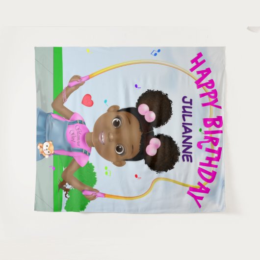 Afro-Amerikaans meisje dat touwtje springt Gelukki Wandkleed (Voorkant (horizontaal))