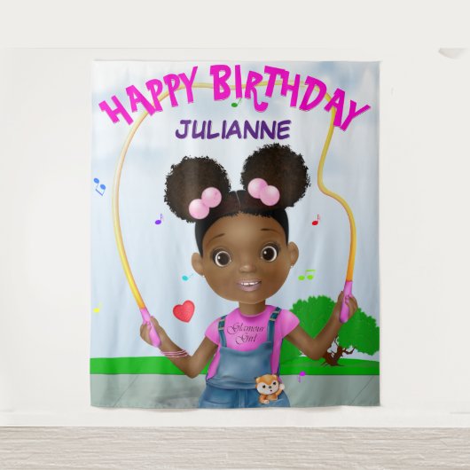 Afro-Amerikaans meisje dat touwtje springt Gelukki Wandkleed (Voorkant)