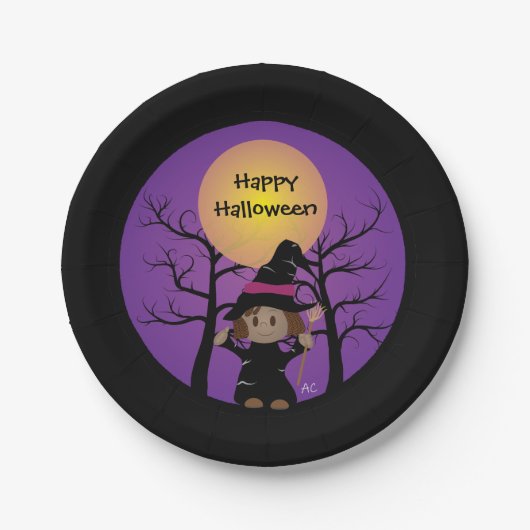 Afro-Amerikaans meisje in heks kostuum Halloween Papieren Bordje (Voorkant)