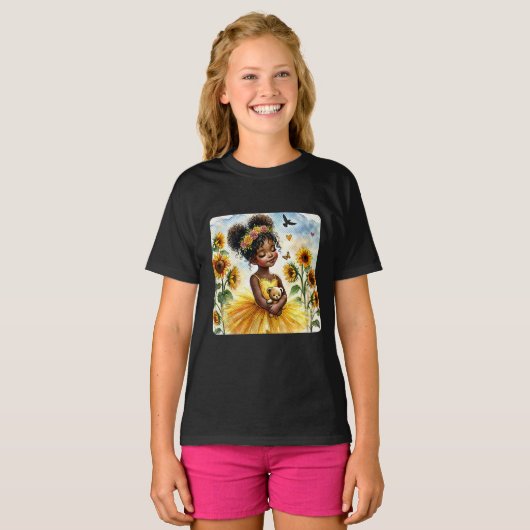 Afro-Amerikaans meisje met zonnebloemen en teddy T-shirt (Voorkant volledig)