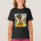 Afro-Amerikaans meisje met zonnebloemen en teddy T-shirt (Voorkant)