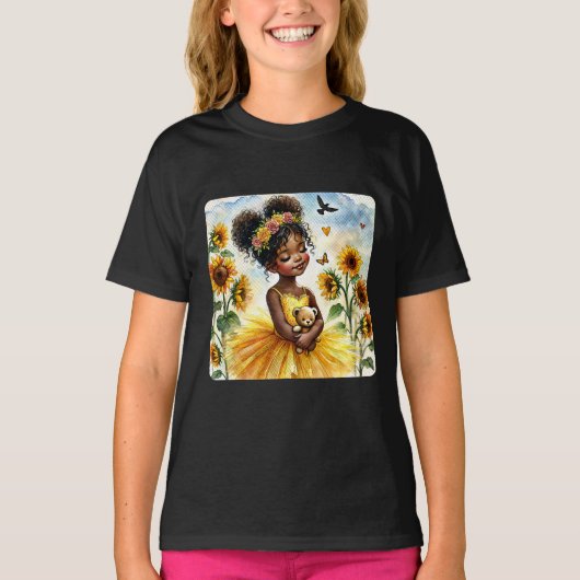 Afro-Amerikaans meisje met zonnebloemen en teddy T-shirt (Voorkant)