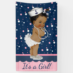 Afro-Amerikaans meisje nautisch babyshower Spandoek