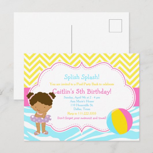 Afro-Amerikaans Meisje Zwembad Feest Bash Partij Briefkaart (Voorkant / Achterkant)