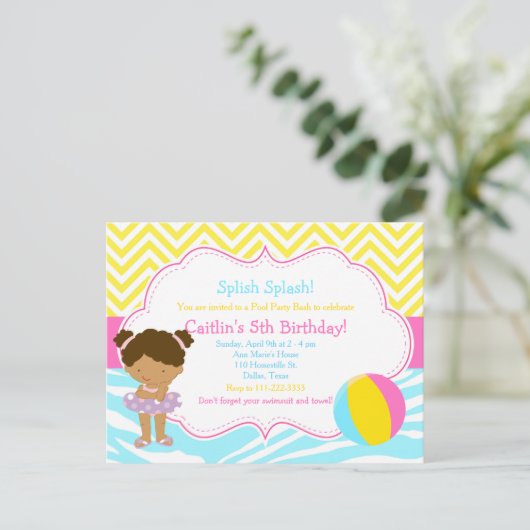 Afro-Amerikaans Meisjes Zwembad Feest Bash Partij Briefkaart (Staand voorkant)