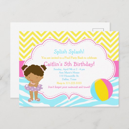 Afro-Amerikaans Meisjes Zwembad Feest Bash Partij Briefkaart (Voorkant / Achterkant)
