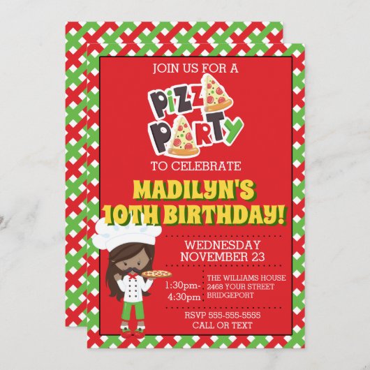 Afro-Amerikaans Verjaardagsmeisje Pizza Feestje Kaart (Voorkant / Achterkant)