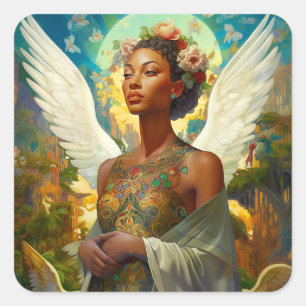 Afro-Amerikaanse Angel Goddess Fantasy Art Vierkante Sticker