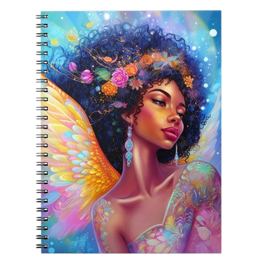 Afro-Amerikaanse Angel Lady Fantasy Kunst Notitieboek (Voorkant)