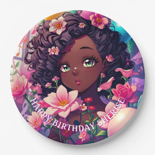 Afro-Amerikaanse anime meisje gepersonaliseerde ve Papieren Bordje (Voorkant)