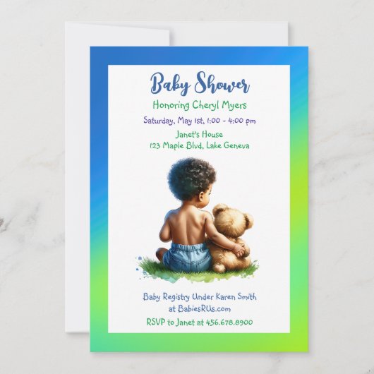 Afro-Amerikaanse Baby Boy met Teddy Baby shower Kaart (Voorkant)
