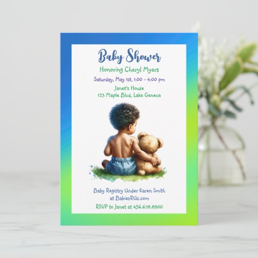 Afro-Amerikaanse Baby Boy met Teddy Baby shower Kaart (Staand voorkant)