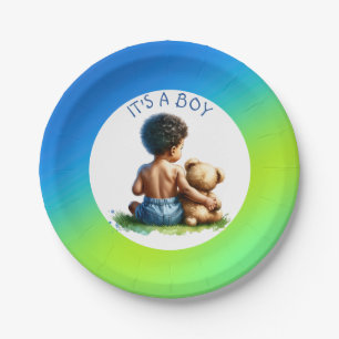 Afro-Amerikaanse Baby Boy met Teddy Baby shower Papieren Bordje