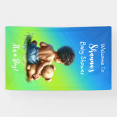 Afro-Amerikaanse Baby Boy met Teddy Baby shower Spandoek (Horizontaal)