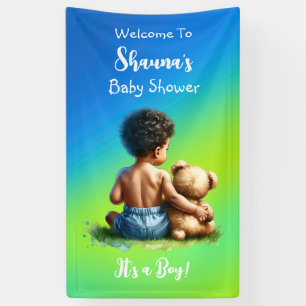 Afro-Amerikaanse Baby Boy met Teddy Baby shower Spandoek