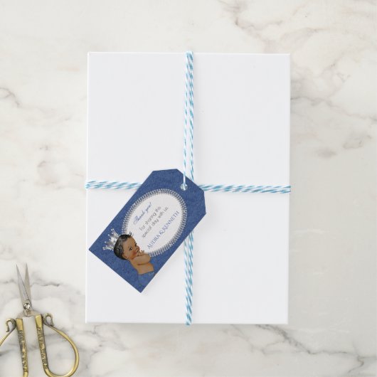 Afro-Amerikaanse Baby Jongen Denim & Diamanten Kro Cadeaulabel (Met Touw)