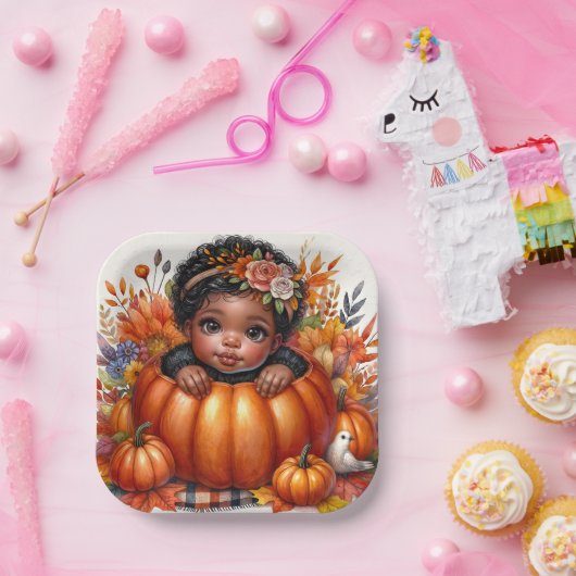 Afro-Amerikaanse Baby Meisje Herfst Pompoen Papieren Bordje (Feest)