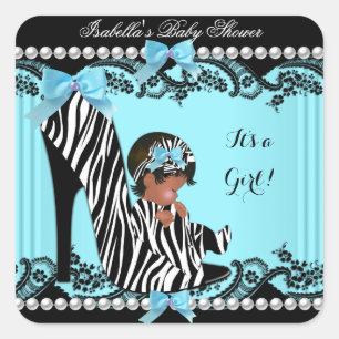 Afro-Amerikaanse Baby Shower Meisje Zebra Teal Vierkante Sticker