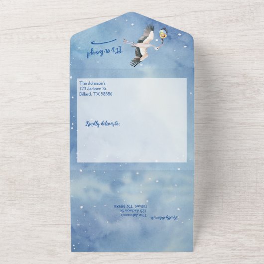 Afro-Amerikaanse Babyjongen Ooievaar in Nachtelijk All In One Uitnodiging (Buitenkant)