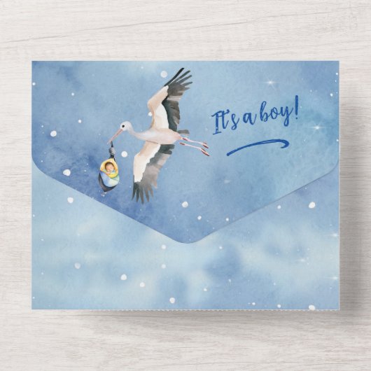 Afro-Amerikaanse Babyjongen Ooievaar in Nachtelijk All In One Uitnodiging (Achterkant)