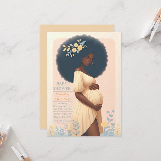 Afro-Amerikaanse babyshower uitnodiging (Voorkant / Achterkant in situ)