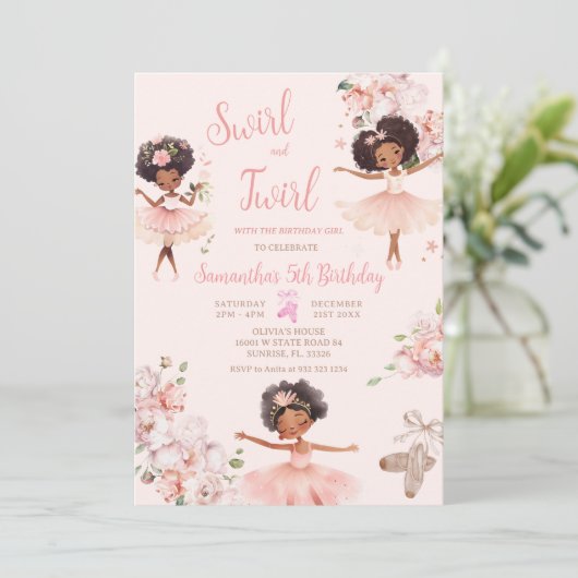 Afro-Amerikaanse ballerina meisje tutu verjaardag Kaart (Staand voorkant)