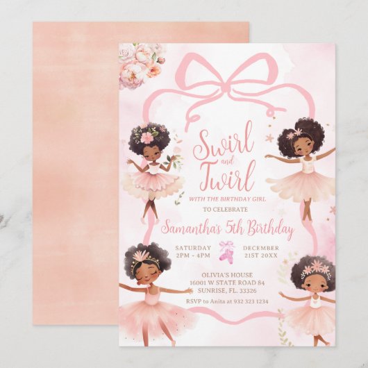 Afro-Amerikaanse Ballerina Tutu Pink Bow Verjaarda Kaart (Voorkant / Achterkant)