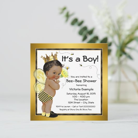 Afro-Amerikaanse Boy Bee Baby shower Kaart (Staand voorkant)