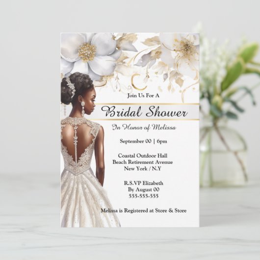 Afro-Amerikaanse bruid witgouden bloemen bruids Kaart (Staand voorkant)