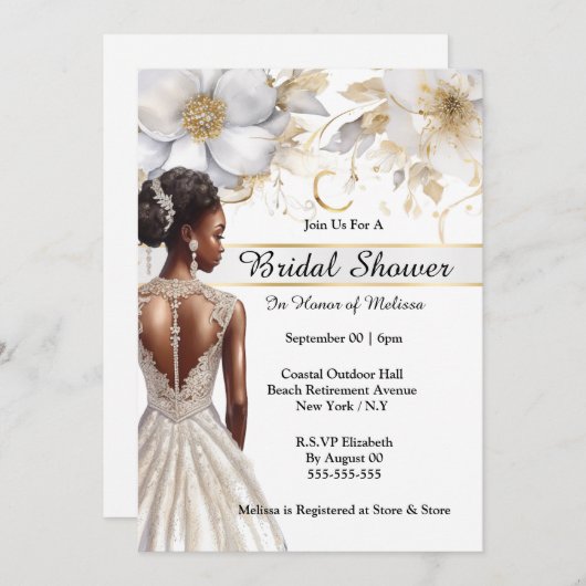 Afro-Amerikaanse bruid witgouden bloemen bruids Kaart (Voorkant / Achterkant)