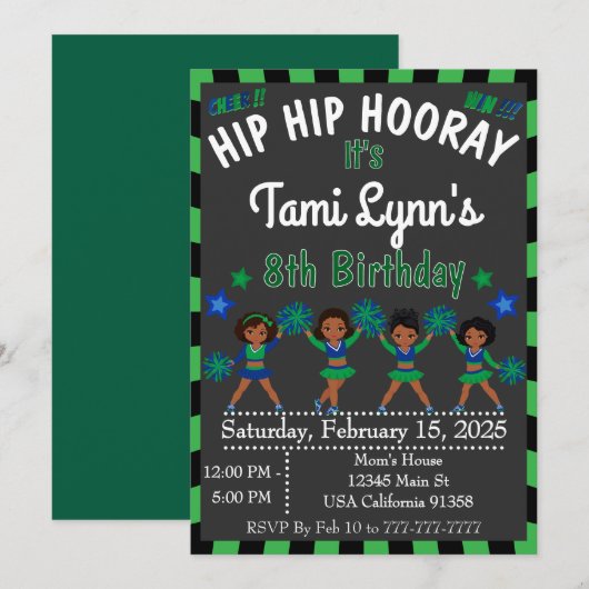 Afro-Amerikaanse Cheerleader Gymnastiek Uitnodigin Kaart (Voorkant / Achterkant)