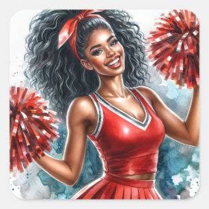 Afro-Amerikaanse cheerleader in rode Waterverf Vierkante Sticker