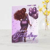 Afro-Amerikaanse Curvy Vrouw Paarse Glam Verjaarda Kaart (Gele Bloem)