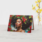 Afro-Amerikaanse diva-illustratie Kerstmis Hulst Kaart (Gele Bloem)