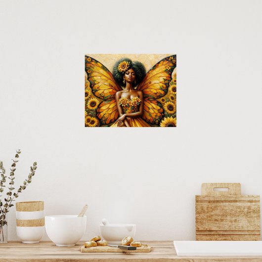 Afro-Amerikaanse fee met Afro- en zonnebloemkunst Poster (Keuken)