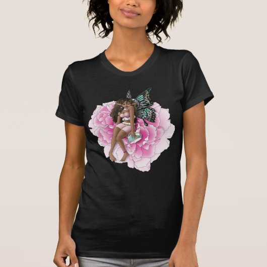 Afro-Amerikaanse fee op roze bloem T-shirt (Voorkant)