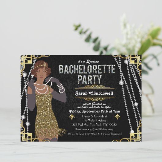 Afro-Amerikaanse Flapper Bachelorette uitnodiging (Staand voorkant)